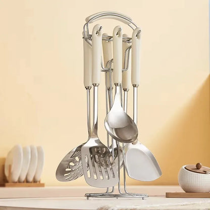7PCS Stainless Steel Kitchen Utensil Set – Cooking Spatula & Soup Spoon with Ceramic Handles, Nordic Style Kitchenware