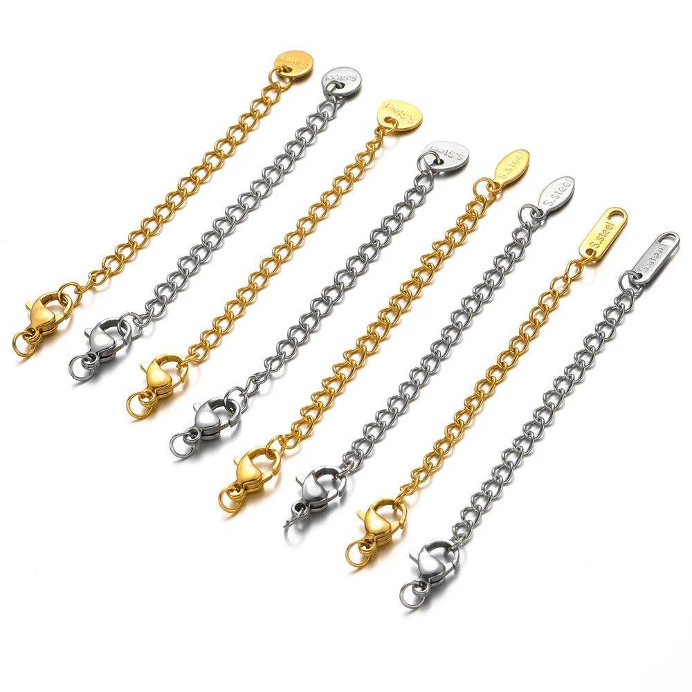10-Piece Stainless Steel Lobster Clasps with 5cm Extension Chains – Jewelry Connectors for DIY Bracelets & Necklaces