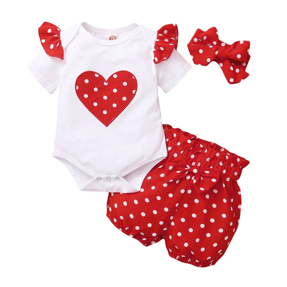 Baby Girl 3PCS Summer Outfit Set – Short Sleeve Bodysuit, Polka Dot Shorts & Headband for Infants