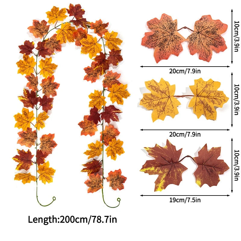 2M Artificial Maple Leaf Garland – Faux Fallen Leaves Autumn Rattan Decor for Thanksgiving, Halloween, Wedding, Christmas & Holiday Festivals