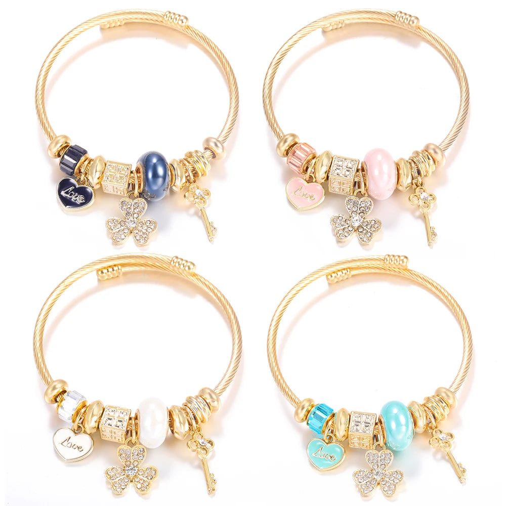 Pulsera con colgante de corazón y cuentas – Pulsera de abalorios de acero inoxidable de 4 colores para mujer | Regalo de joyería de moda dorada de tendencia
