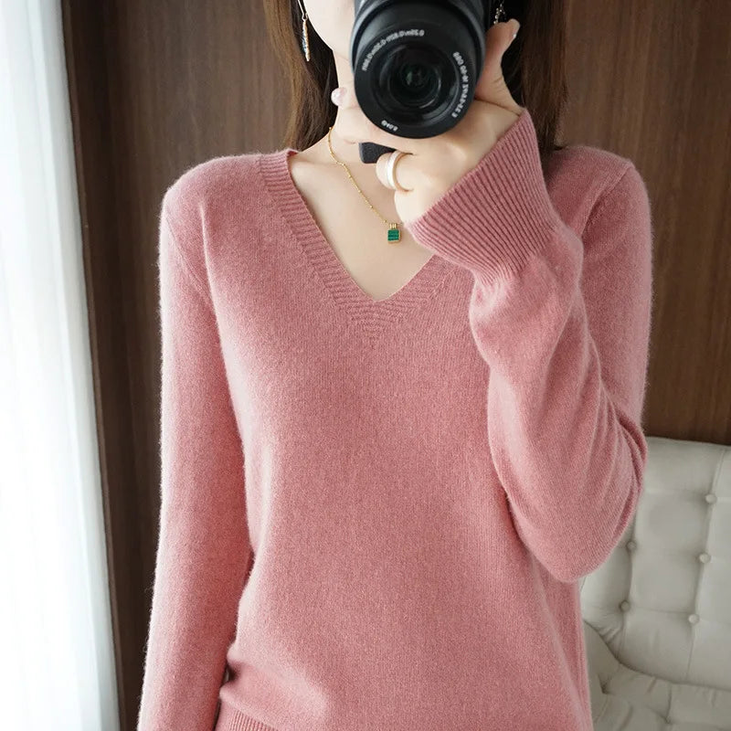 Women's Cashmere-Style V-Neck Sweater – Long-Sleeve Knitted Pullover with Lace Neck & Hollow-Out Detail, Casual Autumn & Winter Top