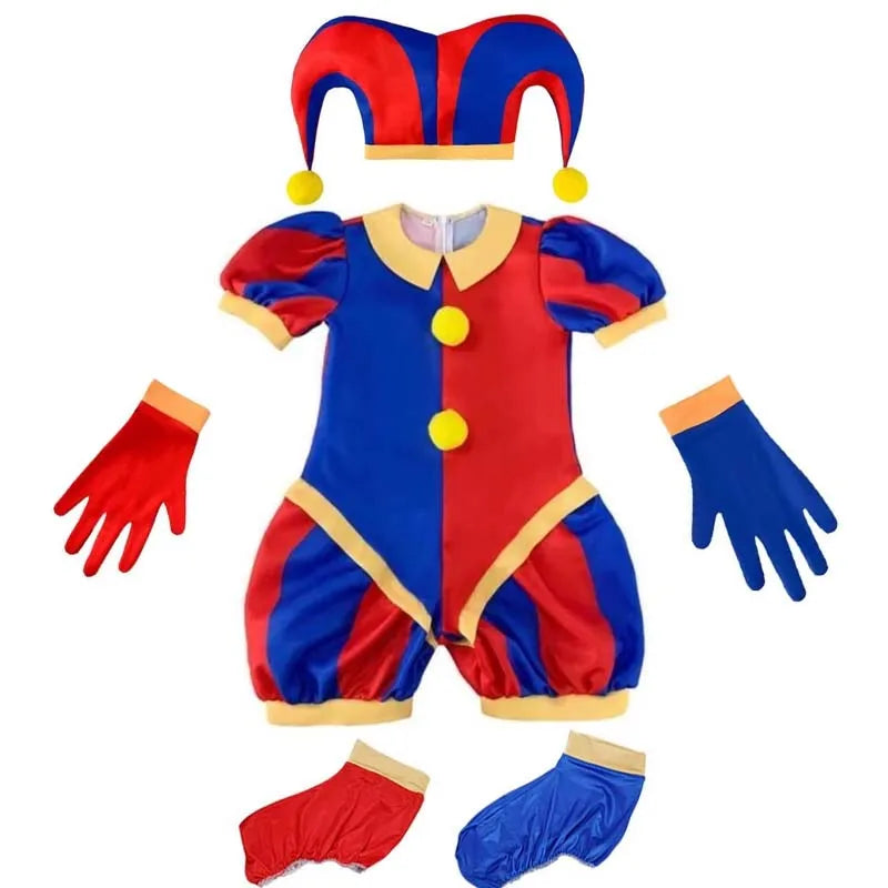 Halloween Circus Clown Cosplay Costumes with Hat Shoe Covers Gloves for Men Women Stage performance Carnival Jumpsuit Outfits
