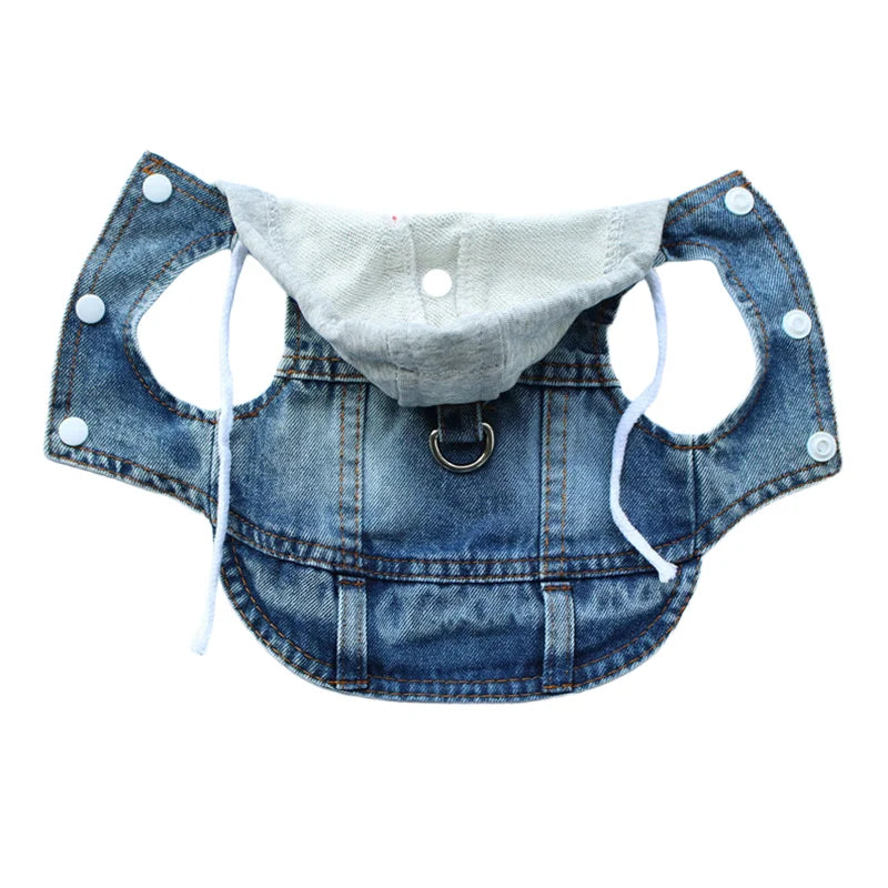 Cool Dog Denim Jacket Vest – Hooded Jean Coat with D-Ring for Small & Medium Dogs, Puppy Harness Vest for Spring Walks