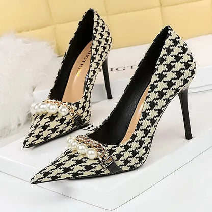BIGTREE Escarpins à talons aiguilles et chaîne de perles de luxe pour femme – Idéal pour mariage, soirée et banquet