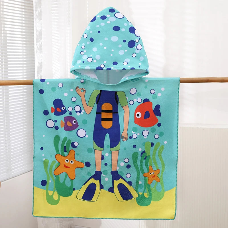 Kids Cartoon Hooded Bathrobe Towel – Quick Dry Absorbent Wearable Blanket Cape for Boys & Girls