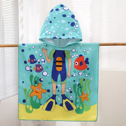 Kids Cartoon Hooded Bathrobe Towel – Quick Dry Absorbent Wearable Blanket Cape for Boys & Girls