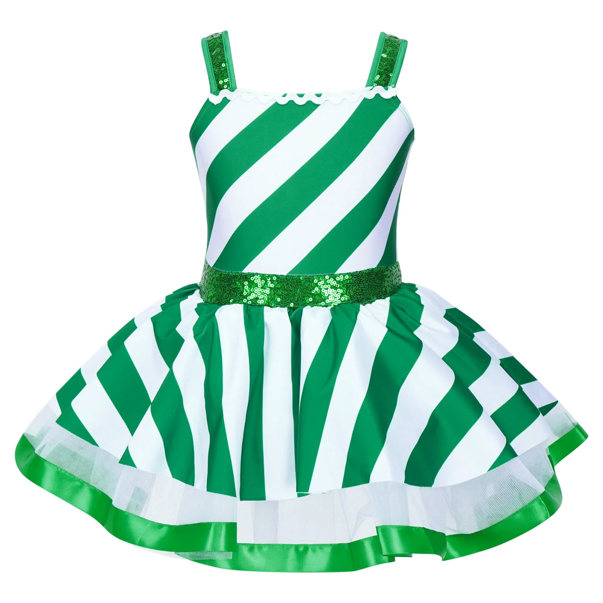 Girls' Christmas Candy Cane Costume Dress, Red and White Striped Sequin Mesh Tutu Leotard for Ballet, Skating, Dance, Carnival, Circus and Holiday Parties
