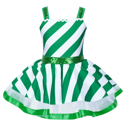 Girls' Christmas Candy Cane Costume Dress, Red and White Striped Sequin Mesh Tutu Leotard for Ballet, Skating, Dance, Carnival, Circus and Holiday Parties