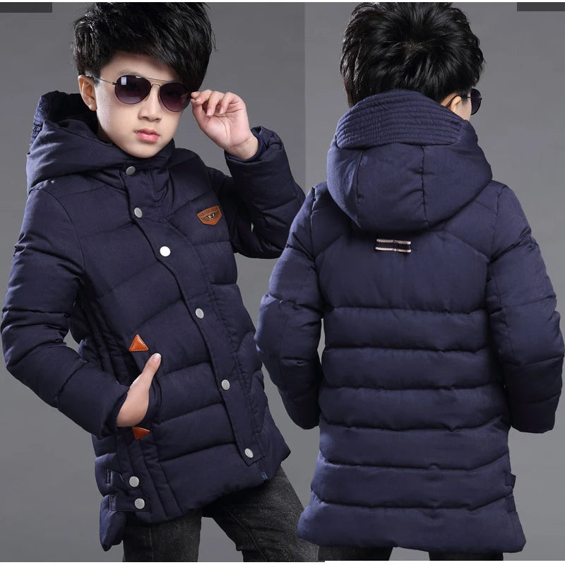 Boys Winter Hooded Jacket Ages 5-14, Warm Slim Fit Long Coat for Kids, Fashionable Windproof Outdoor Outerwear for Teen Boys