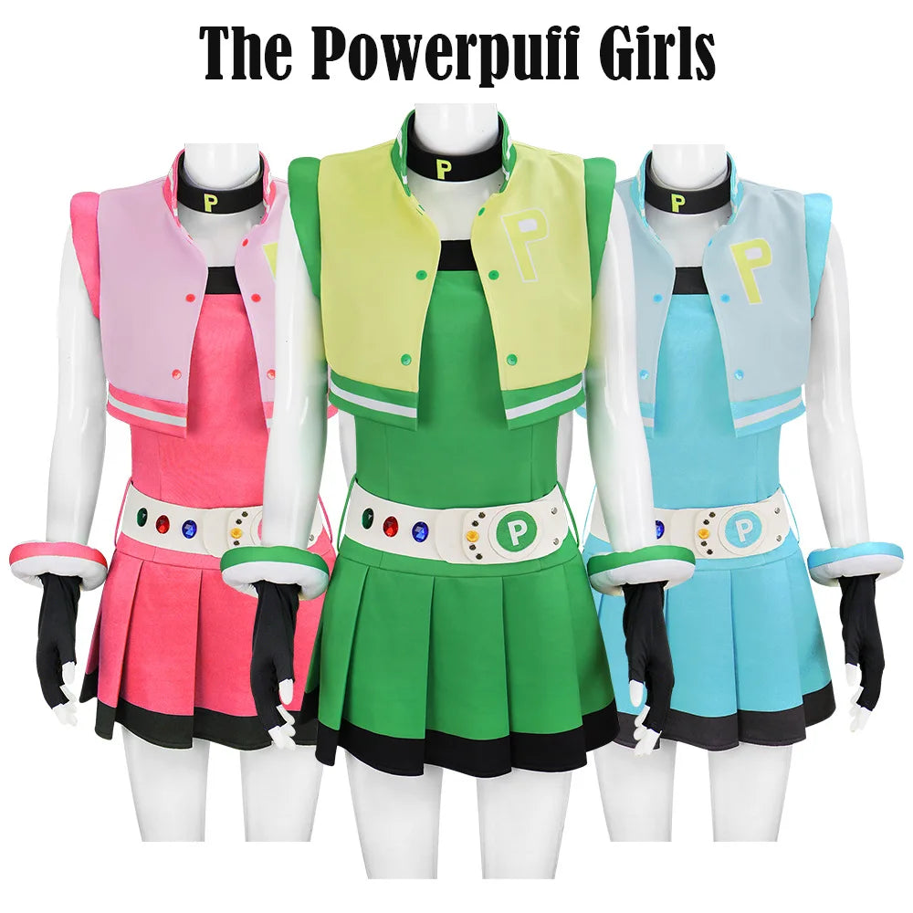Powerpuff Girls Cosplay Costume – Full Set Blossom / Buttercup / Bubbles Halloween Dress with Belt