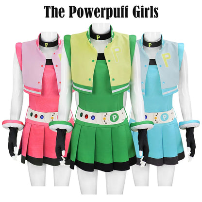 Powerpuff Girls Cosplay Costume – Full Set Blossom / Buttercup / Bubbles Halloween Dress with Belt