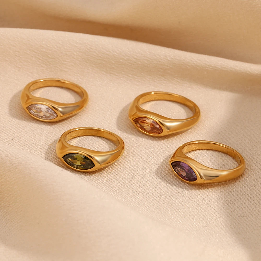 18K Gold Plated Horse Eye Zircon Signet Ring – Hypoallergenic 316L Stainless Steel Colorful Statement Ring for Women