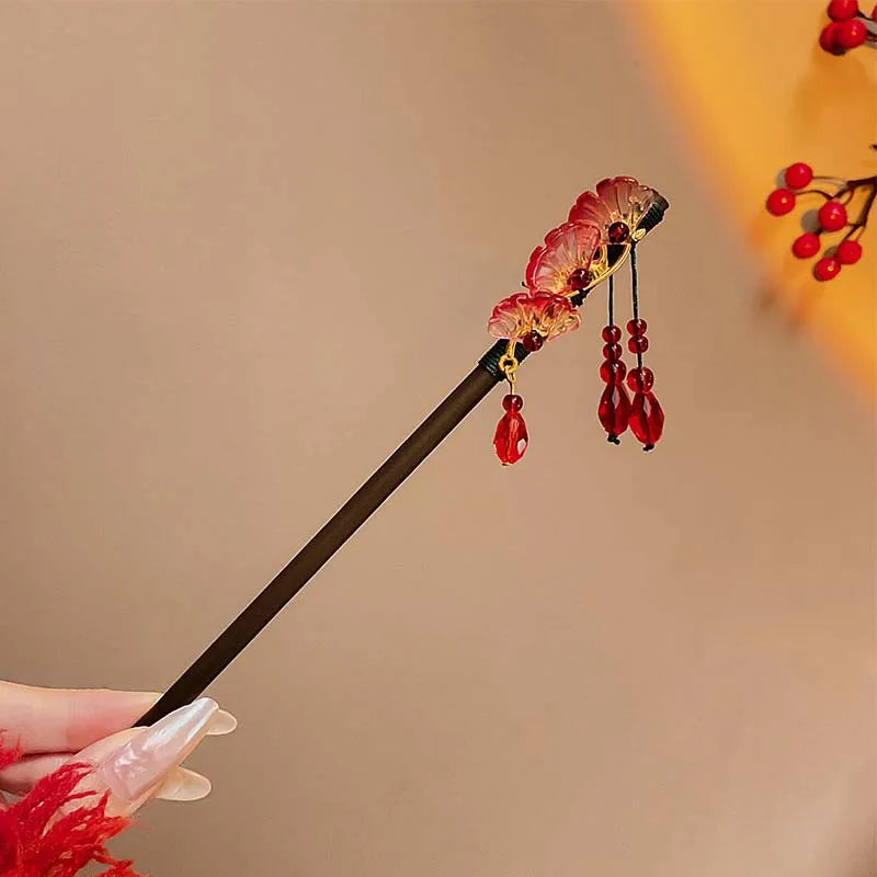 Vintage Chinese Wooden Hair Stick with Red Flower – Hanfu Hairpin Hair Fork for Women