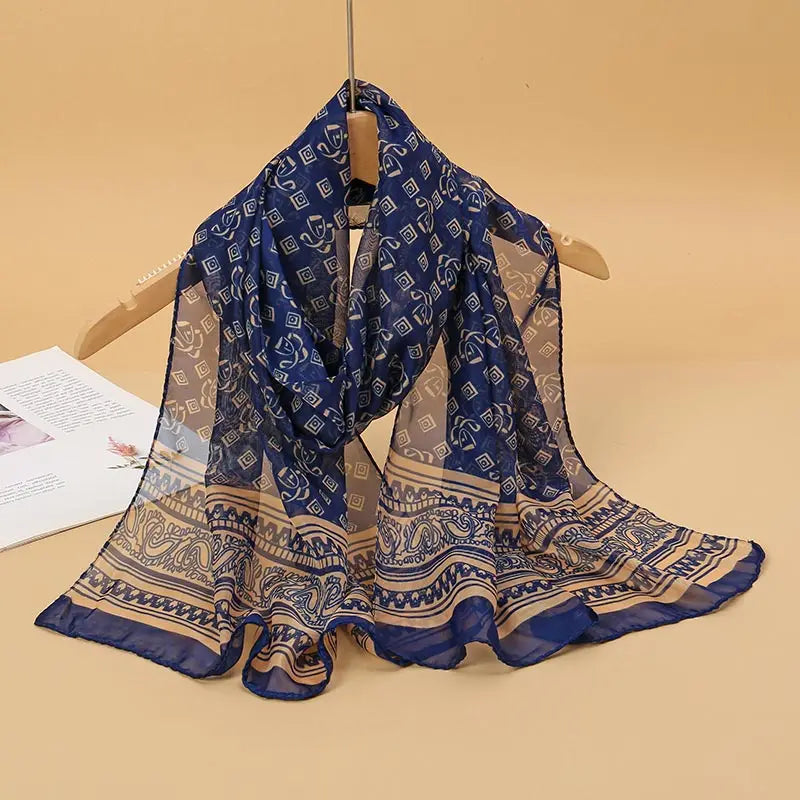Women's Printed Chiffon Scarf Shawl – Lightweight Silk-Feel Long Wrap for Beach, Travel & Outdoor Wear, Fashion Headband Accessory