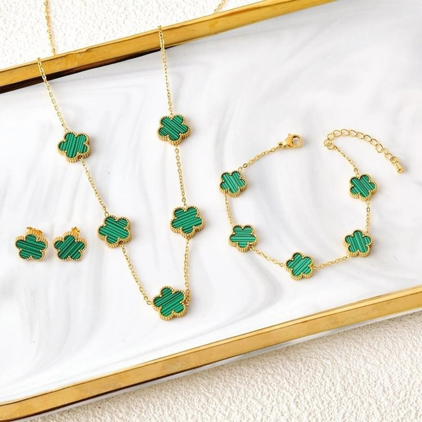 3Pcs Women’s 18K Gold Plated Five Leaf Flower Jewelry Set Clover Necklace Earrings Bracelet Party