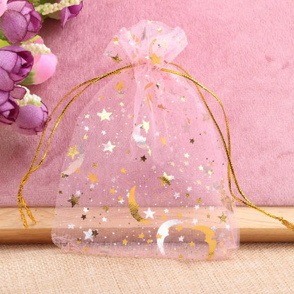 Bolsas de regalo de organza con estrellas y lunas de 25/50 piezas – Bolsitas de joyería con cordón dorado para recuerdos de boda, regalos de fiesta, empaques de dulces y almacenamiento de accesorios pequeños