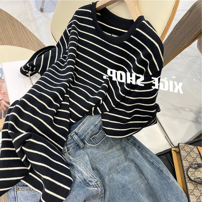 Women’s Korean Style Oversize Striped T-Shirt Loose Casual Short Sleeve Cotton Summer Commute Top