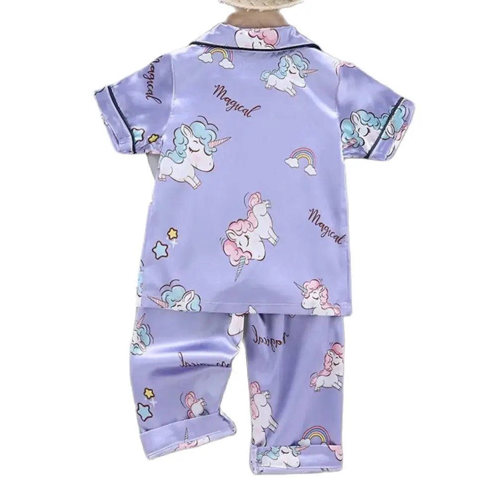 Conjunto de Pijama de Verano para Niñas – Conjunto de Pijama de Satén de Unicornio de Dibujos Animados de 2 Piezas | Ropa de Dormir Suave para Niños Pequeños con Aire Acondicionado