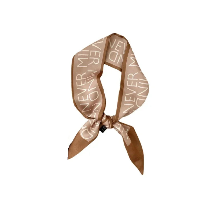 Khaki Nude Silk Scarf Hair Band – Vintage Satin Ribbon Bow Hair Accessory for Women | Elegant Fashion Hair Tie