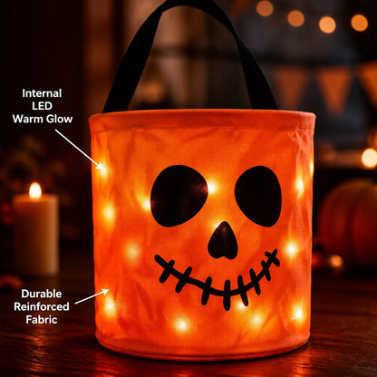 Halloween LED Pumpkin Candy Bucket, Luminous Handheld Fabric Trick or Treat Bag, Light Up Candy Basket for Kids, Halloween Party Decorations and Holiday Gifts