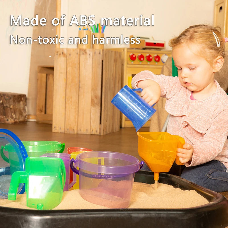 Kit de jeu sensoriel Montessori sable et eau – Jouet d'apprentissage STEM ouvert avec gobelets doseurs arc-en-ciel, entonnoirs, pelles, pinces et tuyaux, jouet d'activité créative en extérieur pour enfants