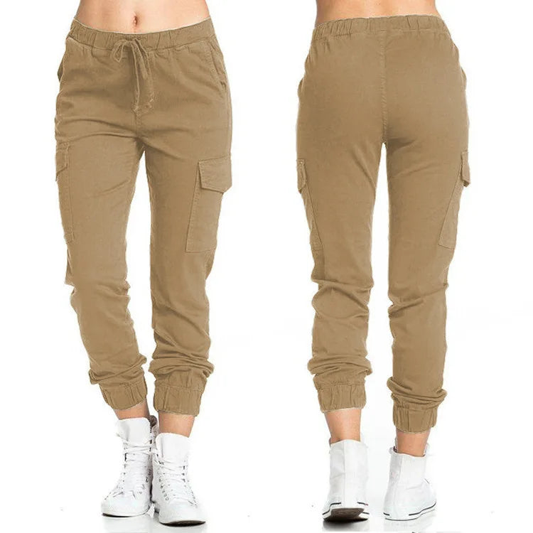 Women's Cargo Jogger Pants – Solid Color Multi-Pocket Drawstring Trousers with Elastic Waist, Casual Sportswear & Streetwear Long Pants