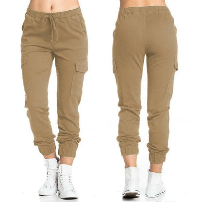 Women's Cargo Jogger Pants – Solid Color Multi-Pocket Drawstring Trousers with Elastic Waist, Casual Sportswear & Streetwear Long Pants