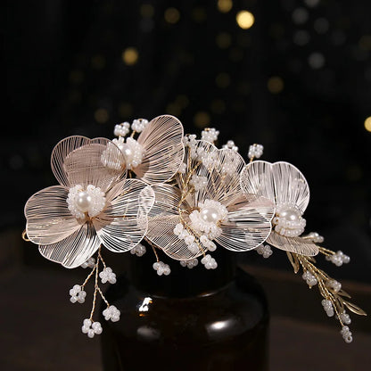 Vintage Gold Floral Bridal Headband with Pearls – Fairy Wedding Tiara for Brides, Prom & Special Occasions