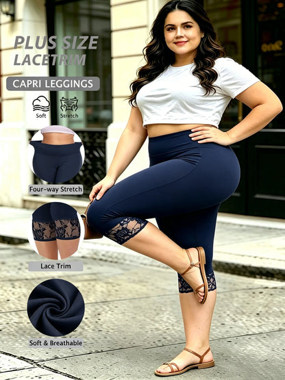 Women's Plus Size Lace Trim Capri Leggings – Stretchy Cropped Tights for Summer, Casual Everyday Pants with Elegant Lace Detail