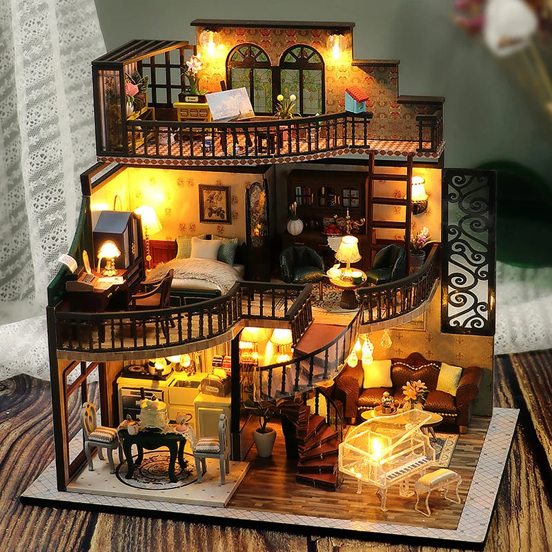 Wooden Dollhouse 3D Puzzle Kit – DIY Miniature Room Model with Furniture & LED Lights Home Decoration