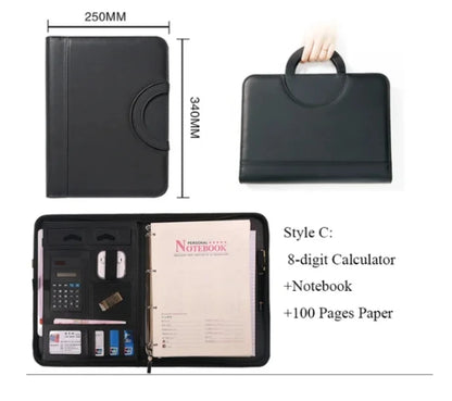 A4 PU Leather Zipper Portfolio Folder – Portable Conference File Organizer with Calculator Holder, Tablet Compartment & Handle
