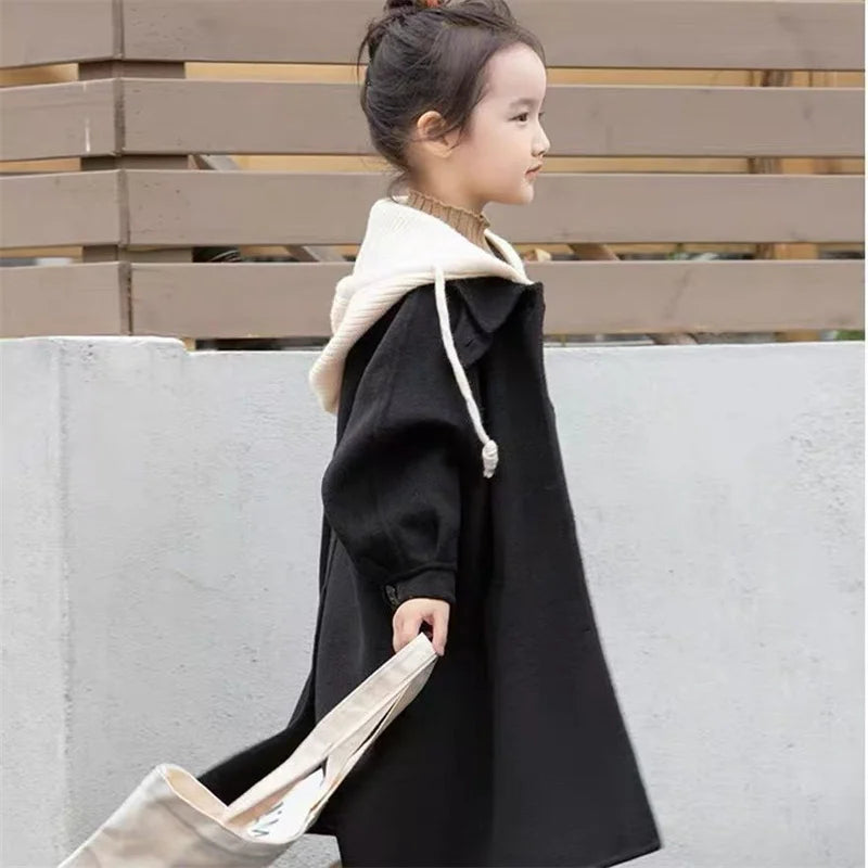 Girls Tweed Jacket, Medium-Length Hooded Coat for Kids, Warm Single-Breasted Autumn and Spring Overcoat, Casual Windbreaker Outerwear