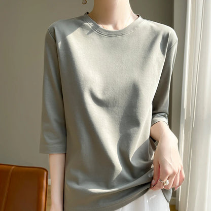 Camiseta de algodón mercerizado para mujer, manga corta, cuello redondo, top básico suave de verano