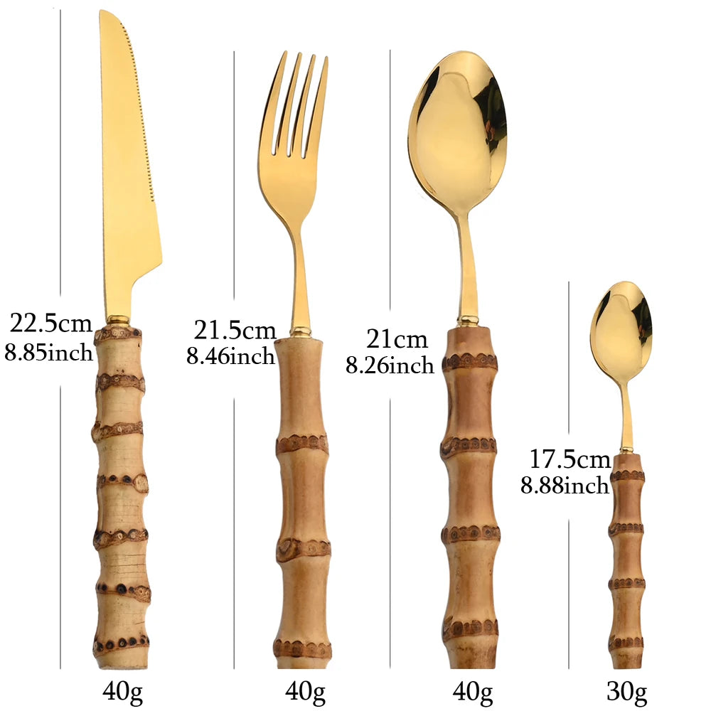 Ensemble de couverts 24 pièces avec manche en bambou – Ensemble de couverts en acier inoxydable avec manches en bois naturel, ustensiles de table pour cuisine, salle à manger, steak et dressages de table