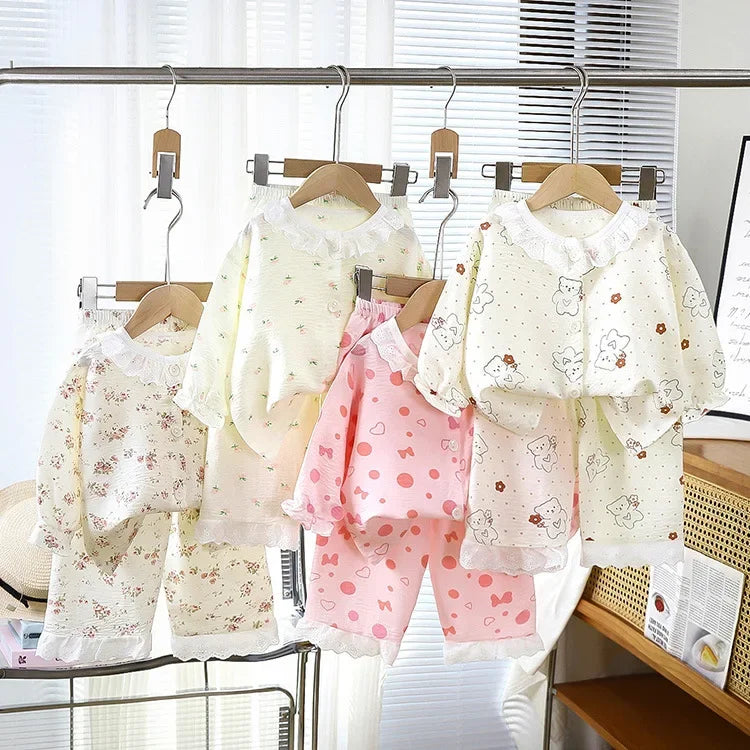 Conjunto de pijama de encaje floral para niñas – Traje de dormir de princesa de manga larga holgado con pantalones para niños