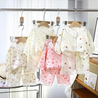 Conjunto de pijama de encaje floral para niñas – Traje de dormir de princesa de manga larga holgado con pantalones para niños