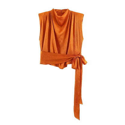 Women’s 2026 Spring Orange Sleeveless Satin Top Long Ribbon Elegant Stylish Fashion Blouse