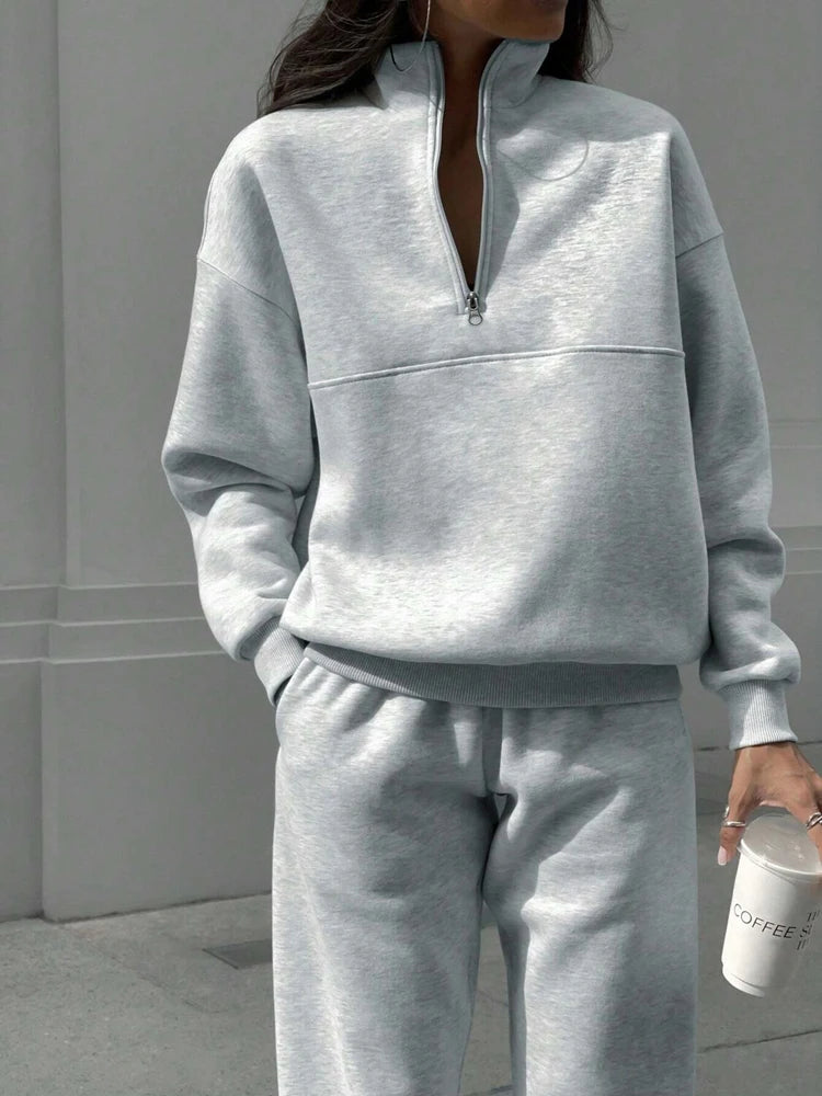 FSMG Women’s Casual 2-Piece Tracksuit Set – Half High Neck Long Sleeve Zip Pullover & Elastic Waist Pants, Solid Sport Outfit