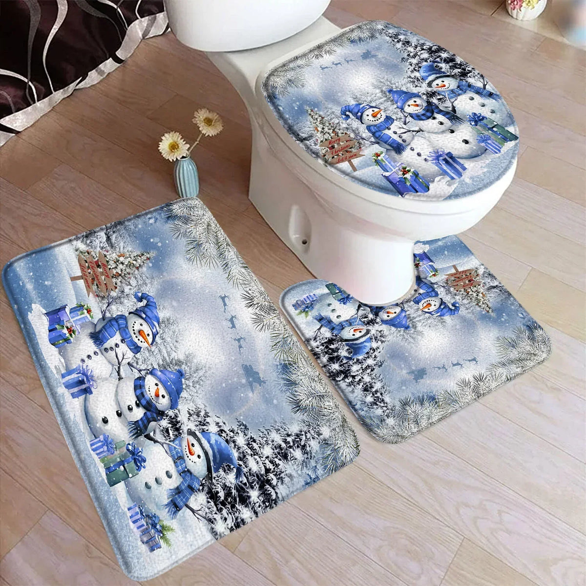 Funny Christmas Bath Mat Set – Cute Snowman, Santa Claus, Red Ball & Xmas Tree Bathroom Rugs with Toilet Lid Cover