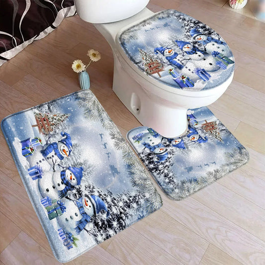 Funny Christmas Bath Mat Set – Cute Snowman, Santa Claus, Red Ball & Xmas Tree Bathroom Rugs with Toilet Lid Cover