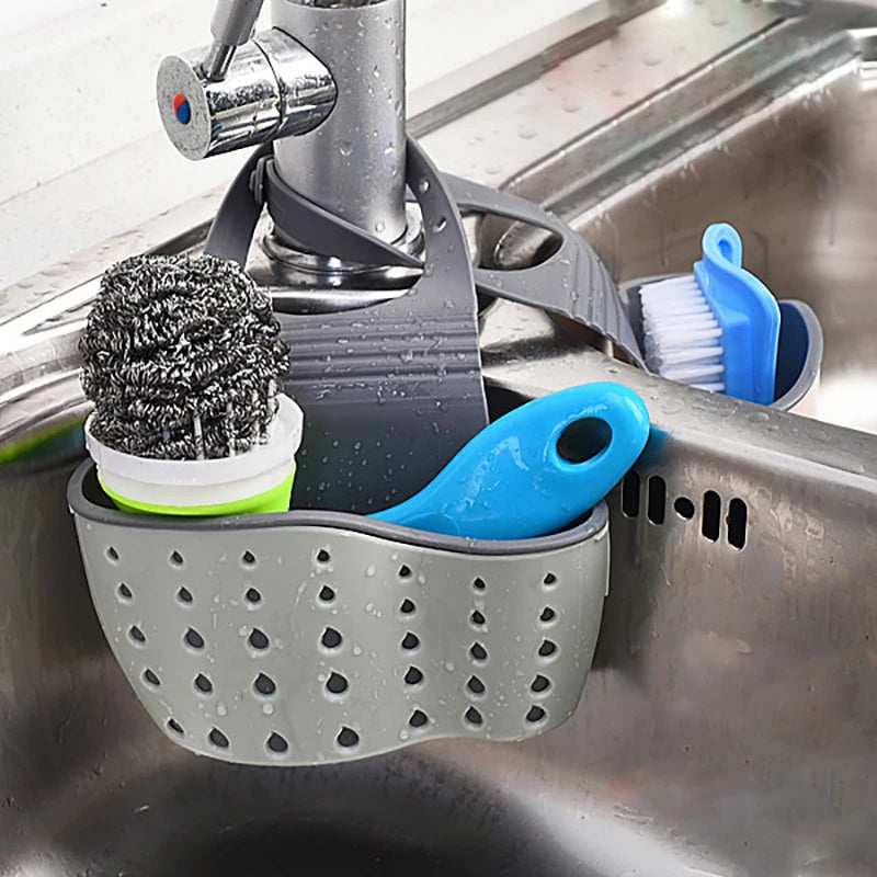 Adjustable Kitchen Sink Drain Basket Sponge & Soap Holder Hanging Sink Organizer
