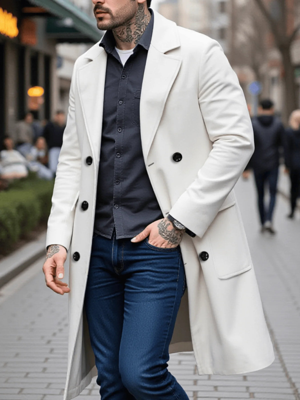 Men's Double-Breasted Wool Overcoat Thickened Winter Coat Solid Color Warm Long Jacket for Cold Weather Protection
