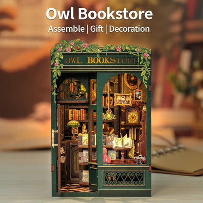 CUTEBEE Kit DIY de Rincón de Libro con Luces LED – Modelo de Estantería en Miniatura de Madera de Búho y Decoración
