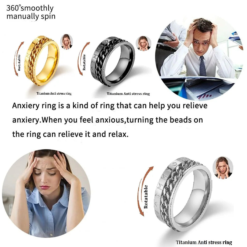 Roman Numeral Spinner Ring – Stainless Steel Chain Rotating Anxiety Fidget Ring for Men | Black Metal Stress Relief Jewelry
