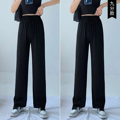 Plus Size Women's Ice Silk Wide-Leg Pants – High-Waist Lightweight Casual Trousers for Summer Sports & Everyday Wear