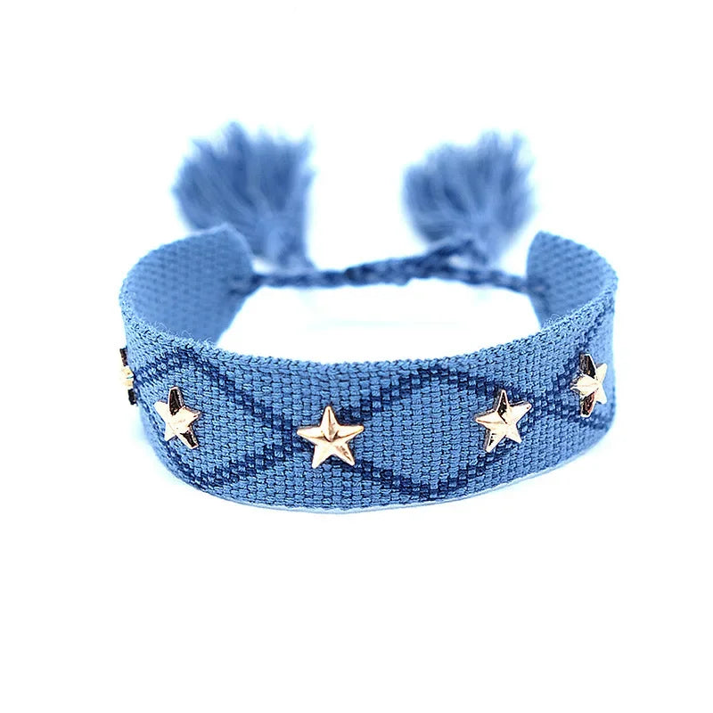 Bohemian Star Tassel Bracelet – Handmade Woven Alloy Gold Rivet Wrist Strap for Women | Ethnic Fashion Jewelry Gift