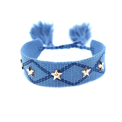 Bohemian Star Tassel Bracelet – Handmade Woven Alloy Gold Rivet Wrist Strap for Women | Ethnic Fashion Jewelry Gift