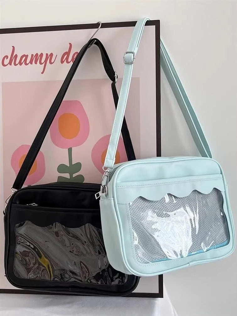Bolso japonés Harajuku Ita – Bolso bandolera de piel sintética con bolsillo transparente para mujeres y estudiantes de secundaria, bolso de estilo uniforme JK, bolso de almacenamiento de moda Kawaii para coleccionistas y uso diario