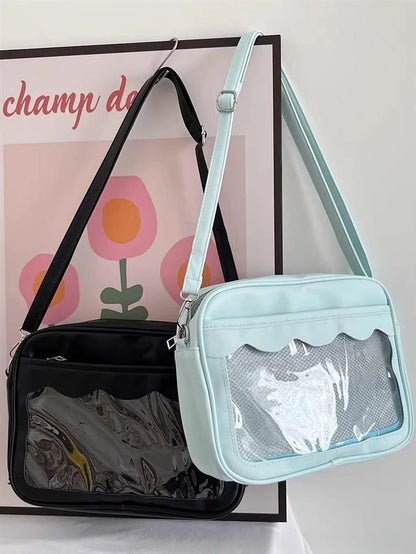 Bolso japonés Harajuku Ita – Bolso bandolera de piel sintética con bolsillo transparente para mujeres y estudiantes de secundaria, bolso de estilo uniforme JK, bolso de almacenamiento de moda Kawaii para coleccionistas y uso diario